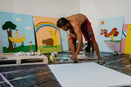 Painter preparing canvas