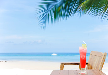 cocktail with a heavenly view on paradise island.Sand beach and Beautiful sea background in summer.
