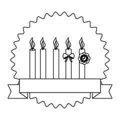 seal stamp with birthday candles and decorative ribbon over white background, vector illustration
