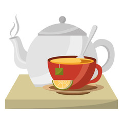 teapot porcelain and cup spoon lemon utensil vector illustration