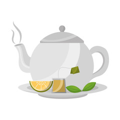 teapot porcelain lemon mint leaf teabag traditional vector illustration