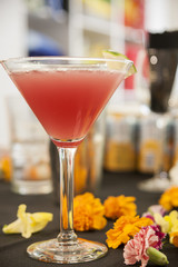 A lovely refreshing summer cocktail with carnations as decoration and a lime garnish in a martini glass.
