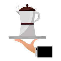 hand holding coffee maker on tray vector illustration