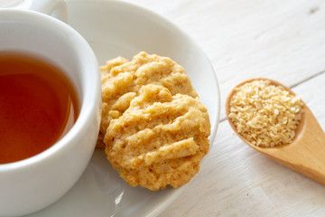 Cereal cookies and tea, selective focus.