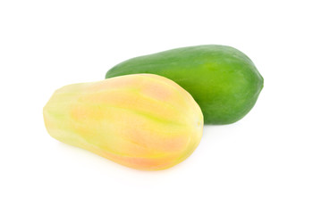 whole and peeled raw papaya on white background