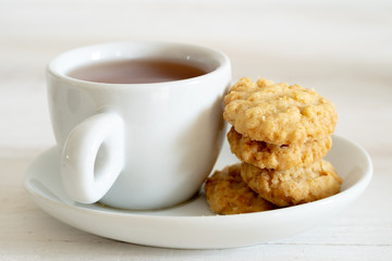 Cereal cookies and tea, selective focus.