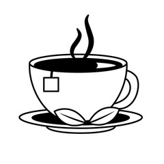 tea cup hot with leaves bag on dish vector illustration black and white black and white