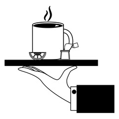 hand holding tea cup hot on tray vector illustration black and white black and white