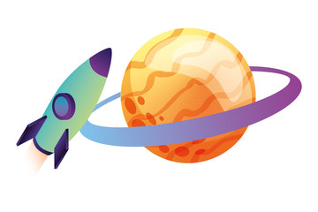 rocket flying with saturn planet isometric vector illustration design