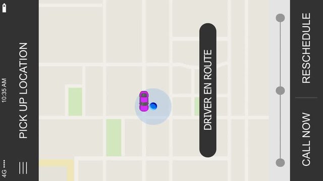 A simulated driver arriving ride sharing app map screen for a cellular phone. Orientation is created vertical for placement on a typical 1080x1920 smartphone screen in portrait mode.	 	