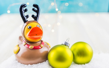 Rubber Duck Reindeer with Two Green Ornaments