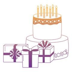 Birthday cake and gift boxes over white background, vector illustration