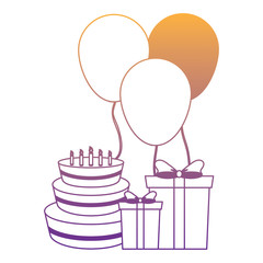 Birthday cake with gift box and decorative balloons over white background, vector illustration