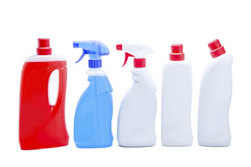 Unlabeled Household Cleaner Dispenser and Spray Bottles Over White Background