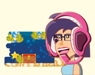 cartoon girl with headphones playing video games over yellow background, colorful design. vector illustration