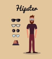 Cartoon hipster man with accessories around over brown background, colorful design. vector illustration