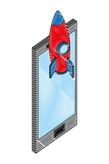 smartphone device with rocket isometric vector illustration design