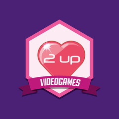 Videogame emblem with icon over purple background, colorful design. vector illustration