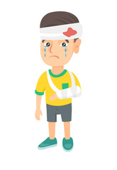 Caucasian injured boy with broken arm and bandaged head. Crying little boy having head and arm injury. Vector sketch cartoon illustration isolated on white background.