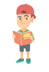 Little caucasian schoolboy reading a book. Smiling schoolboy holding a story book in hands. Concept of education. Vector sketch cartoon illustration isolated on white background.