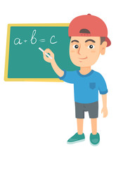 Happy caucasian schoolboy writing mathematical formula on the classroom blackboard. Smiling schoolboy writing on blackboard with chalk. Vector sketch cartoon illustration isolated on white background.