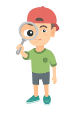 Smiling caucasian boy looking through a magnifying glass. Little boy holding a magnifying glass in front of his eye. Vector sketch cartoon illustration isolated on white background.