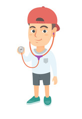 Happy caucasian little boy in doctor costume holding a stethoscope. Laughing boy wearing a doctor coat and showing a stethoscope. Vector sketch cartoon illustration isolated on white background.