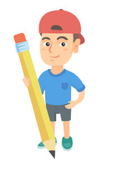 Young caucasian kid boy standing with a huge pencil. Full length of a little boy holding a big pencil. Vector sketch cartoon illustration isolated on white background.