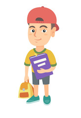 Caucasian pupil with backpack and tutorial. Full length of smiling happy pupil holding textbook and backpack in hands. Vector sketch cartoon illustration isolated on white background.
