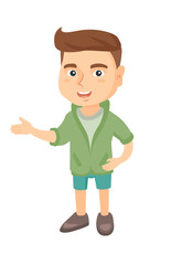 Caucasian little happy boy gesturing. Full length of cheerful boy gesturing with his hands. Boy laughing and gesturing. Vector sketch cartoon illustration isolated on white background.