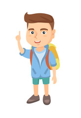 Cheerful caucasian boy pointing his forefinger up. Full length of happy smiling boy pointing forefinger up. Vector sketch cartoon illustration isolated on white background.