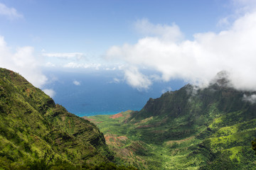 Aerial view on a overcast day over Na Pali Coast in Kauai, Hawaii