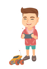 Caucasian cheerful boy playing with a radio-controlled car. Boy holding remote control and playing with the electric car. Vector sketch cartoon illustration isolated on white background.