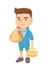 Caucasian farmer boy holding a chicken and hen eggs in his hands. Little boy with chicken and basket of hen eggs. Vector sketch cartoon illustration isolated on white background.