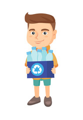Caucasian boy holding recycling bin full of plastic bottles. Boy carrying recycling bin with plastic bottles. Plastic recycling concept. Vector sketch cartoon illustration isolated on white background