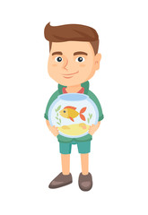 Caucasian boy holding aquarium with goldfish