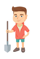 Caucasian smiling boy holding a shovel. Full length of little boy farmer in jeans standing with a shovel. Vector sketch cartoon illustration isolated on white background.