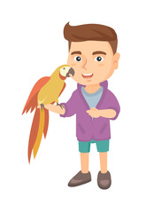 Caucasian smiling boy playing with his pet parrot. Full length of little boy holding parrot on his hand. Vector sketch cartoon illustration isolated on white background.