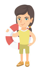 Little caucasian girl in shorts holding a red-white lifebuoy. Smiling girl standing with lifebuoy. Girl is going to swim with lifebuoy. Vector sketch cartoon illustration isolated on white background.