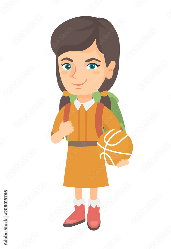 Wall mural young caucasian cheerful schoolgirl with backpack holding a basketball ball. full length of little s