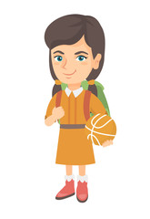Young caucasian cheerful schoolgirl with backpack holding a basketball ball. Full length of little schoolgirl with a basketball ball. Vector sketch cartoon illustration isolated on white background.
