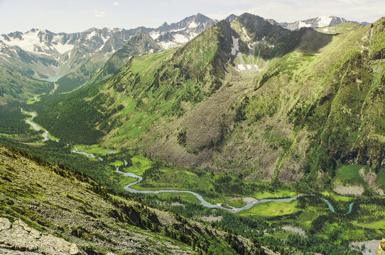 Top view of the valley between the high mountains