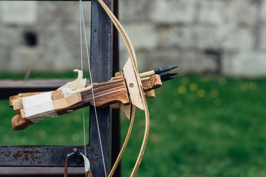Wooden crossbows on display