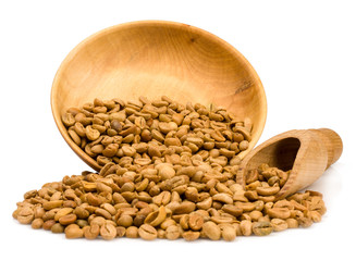 coffee beans in wooden Cup isolated on white background