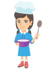 Little caucasian girl wearing chef hat and holding a saucepan and a kitchen spoon. Smiling girl with a saucepan and a spoon. Vector sketch cartoon illustration isolated on white background.