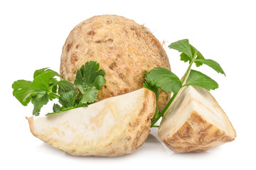 Celery root with leaf isolated on white background