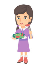 Little caucasian girl holding fork with tomato and plate with salad. Full length of cheerful girl eating vegetable salad. Vector sketch cartoon illustration isolated on white background.