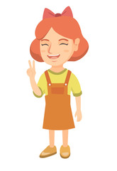 Caucasian girl showing victory gesture. Little girl showing victory sign with two fingers. Vector sketch cartoon illustration isolated on white background.
