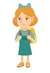 Little caucasian sad schoolgirl carrying a backpack. Full length of upset schoolgirl with backpack. Vector sketch cartoon illustration isolated on white background.