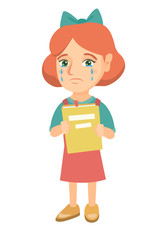 Caucasian upset little girl shedding tears and showing book. Sad girl crying and holding book in hands. Vector sketch cartoon illustration isolated on white background.